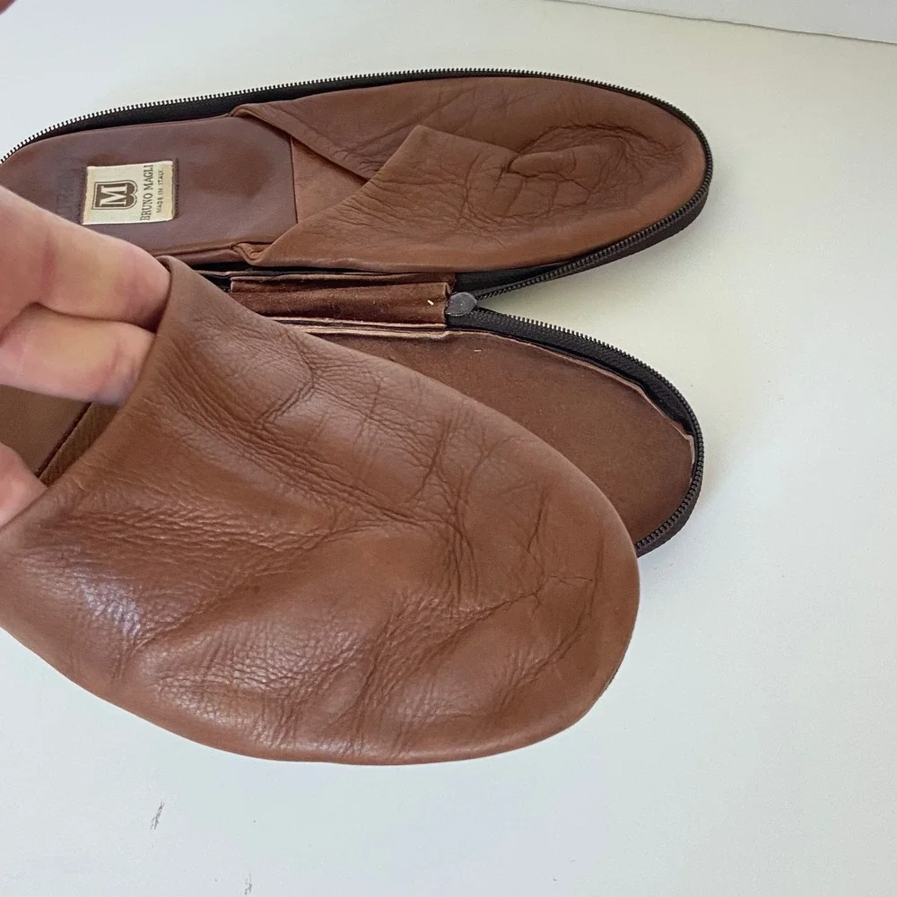 Bruno Magli Morano Mens Brown Leather Travel Slippers with Zipper Pouch Size 11